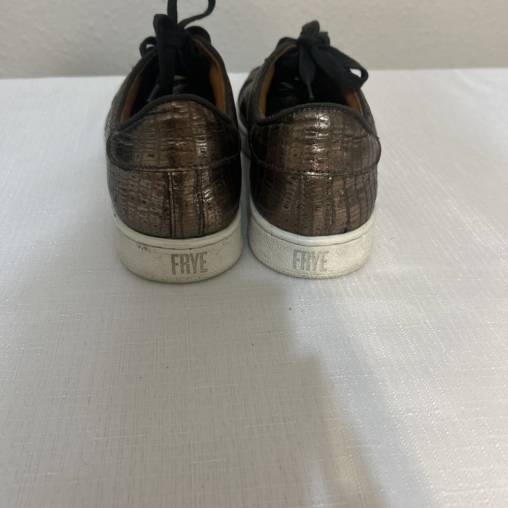 Frye Alexis Shoes Womens 6.5 Bronze Gold Leather Lizard Low Top Lace Up Sneaker - Picture 3 of 8